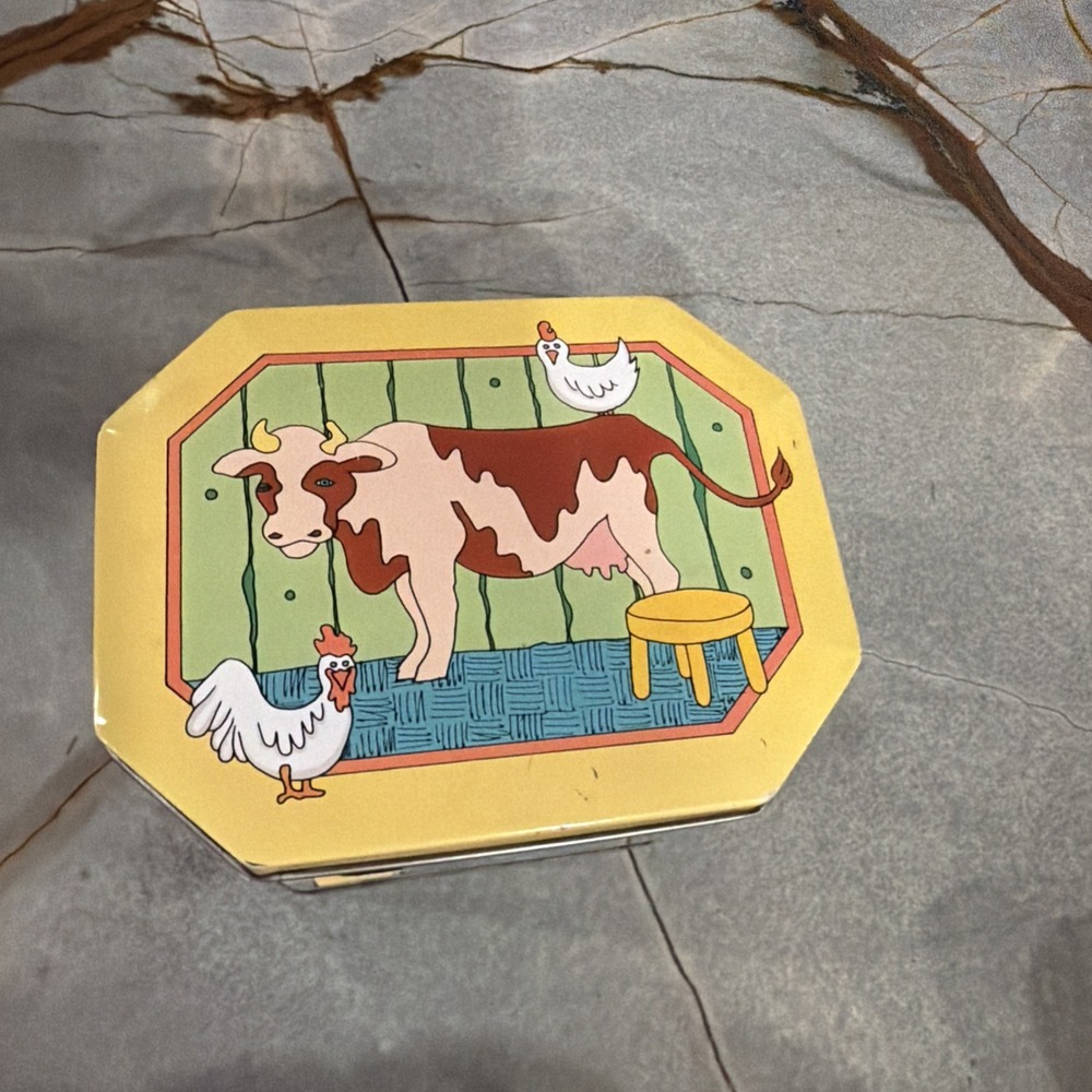 Vintage Metal Tin With Farmhouse Cows and Chickens County Scene